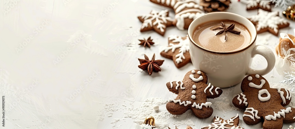 Poster a festive holiday theme with a cup of cocoa and gingerbread cookies on a white background highlighti
