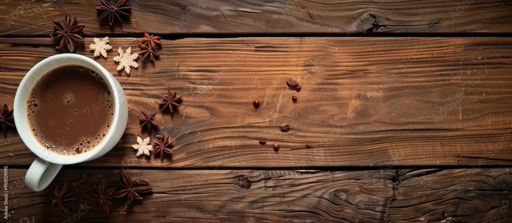 Poster rustic wooden planks backdrop for a cup of cocoa with copy space image