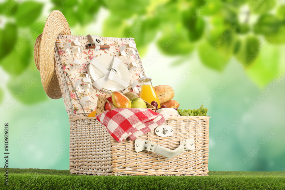 Sticker Picnic basket with foods and juice on green grass outdoors