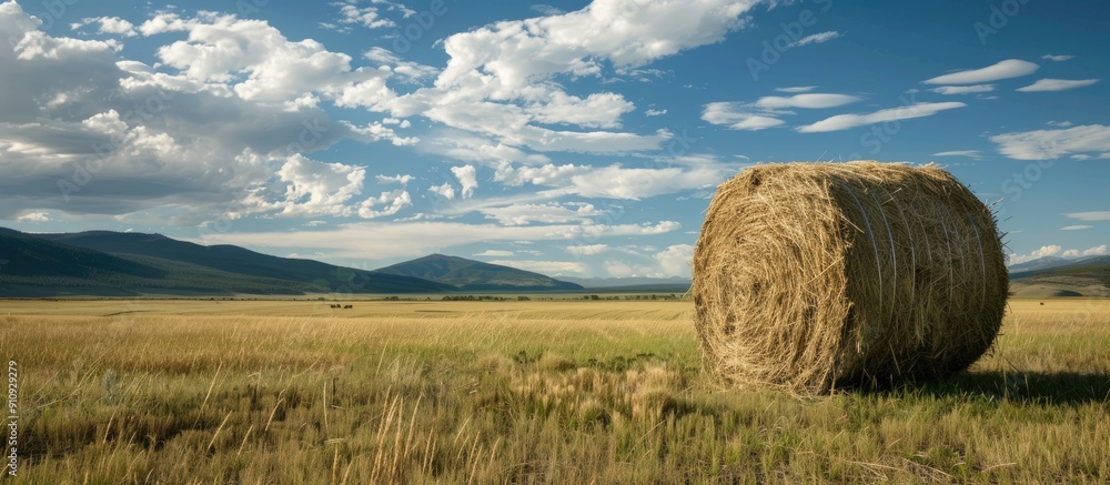 Poster Hay stack in a field against a scenic sky providing ample copy space image
