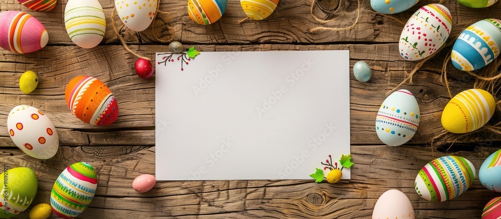 Fototapete Top view of a wooden table with an Easter greeting card surrounded by colorful Easter eggs perfect for your own message with copy space image