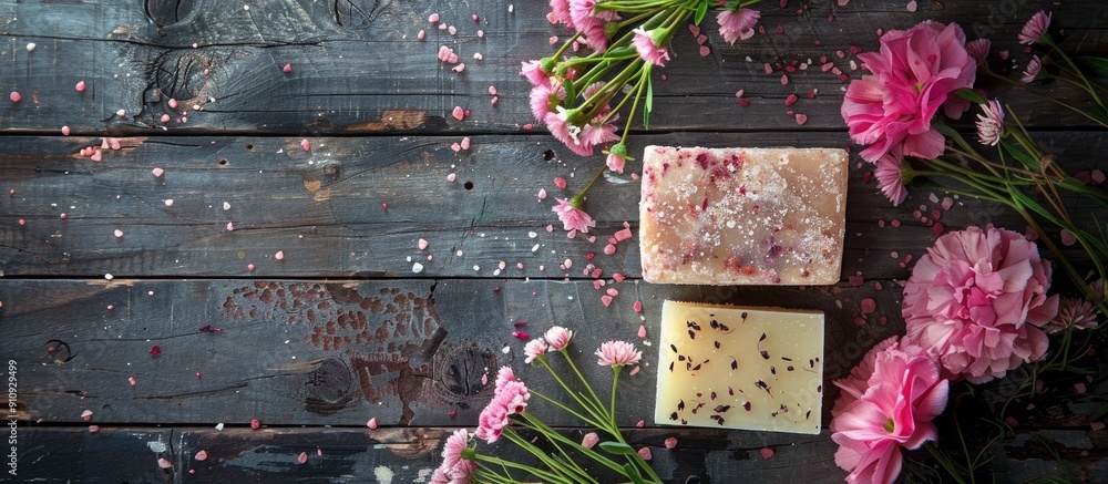 Poster A selection of three unique salt soaps alongside pink flowers set against a dark wooden backdrop with ample copy space image