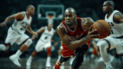 Fototapeta premium A Pro Basketball Player Dribbling The Ball Past Opponents During A Game, Full Of Skill And Intensity, Wallpaper Pictures, Background Hd