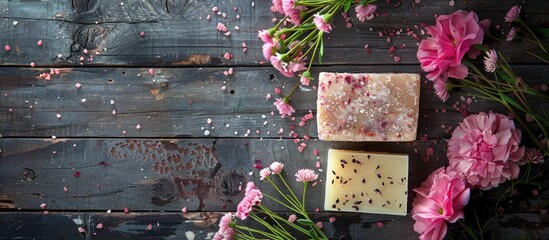 A selection of three unique salt soaps alongside pink flowers set against a dark wooden backdrop with ample copy space image