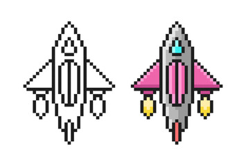 Pixel Art Game Rocket. Cute vector spaceship in retro style