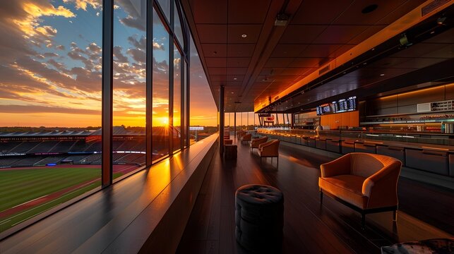 Panoramic View of Lavish VIP Lounge at a Sports Stadium During Breathtaking Sunset