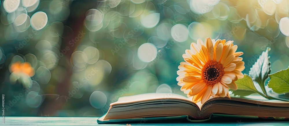 Poster A flower with an open book on a bright table creating a back to school theme with a copy space image in the background