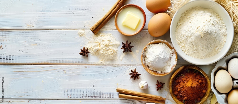 Poster Displayed on a white wooden table are various baking ingredients like wheat flour eggs butter sugar milk and spices in a bowl The top view has room for adding text or design. Creative banner