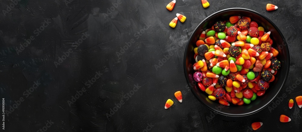Poster A Halloween themed bowl overflowing with candy viewed from above on a black background with ample copy space image