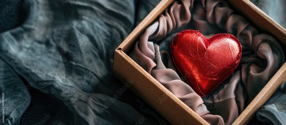 Poster A red heart is showcased in a box against a dark fabric backdrop creating a Valentine s day theme with another heart in a copy space image