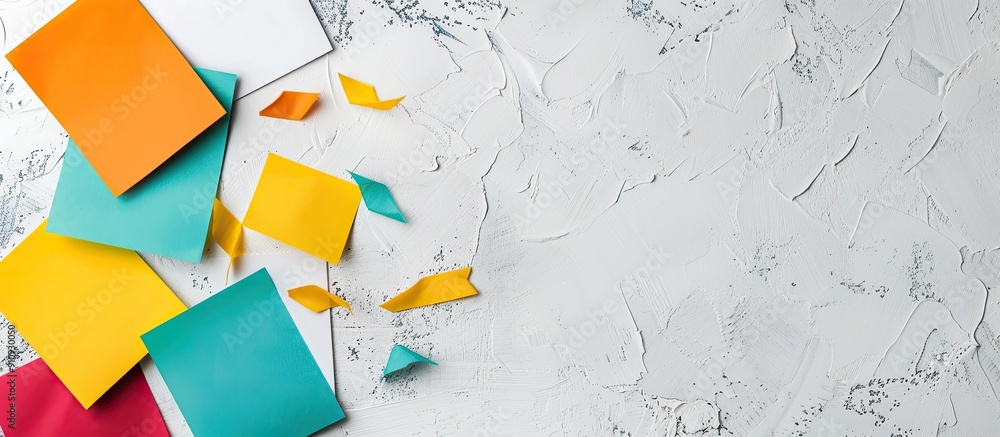 Fototapete minimalistic flat lay featuring colorful reminder papers on white textured background with copy spac