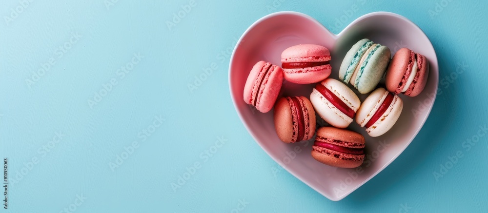 Poster a valentine s day card featuring macaroons on a heart shaped plate against a blue background display