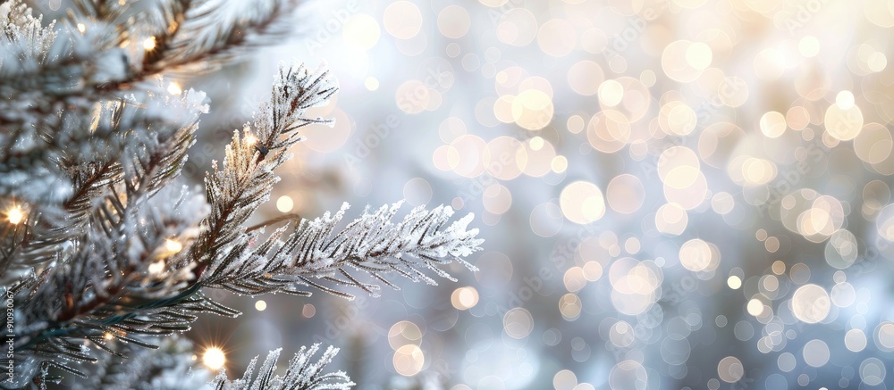 Poster new year lights illuminate an artificial fir tree branch on a bright silver bokeh background ideal f