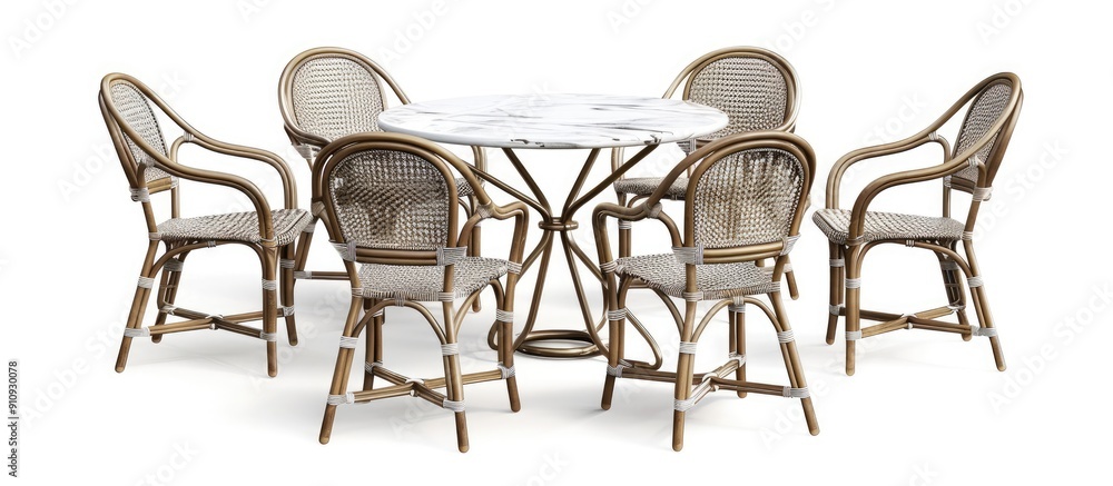 Poster Garden furniture set featuring marble tables and chairs Displayed on a white background with a clipping path for easy isolation. Creative banner. Copyspace image