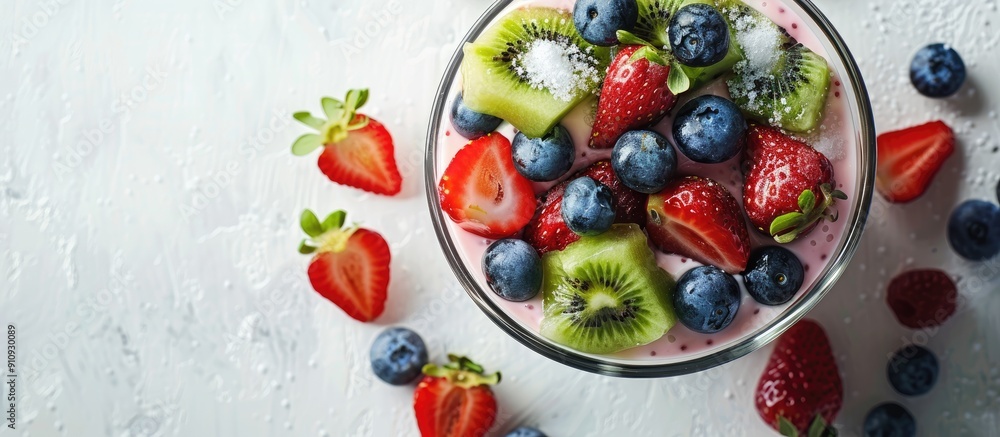 Poster Enjoy a nutritious breakfast featuring strawberry yogurt topped with blueberries kiwi slices and sugar glass set against a background of copy space image