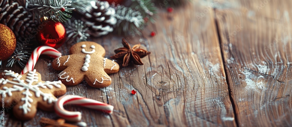Fototapete Festive Christmas scene with gingerbread cookies candy cane and fir tree on a rustic wooden table Moody holiday background with space for text Toned image. Creative banner. Copyspace image