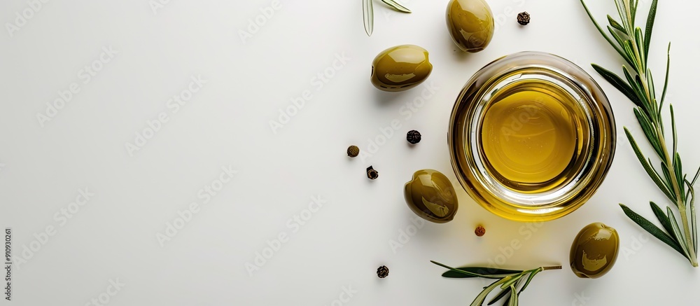 Aufkleber top view of a glass jar with fresh olive oil accompanied by green olives rosemary branch on a white 