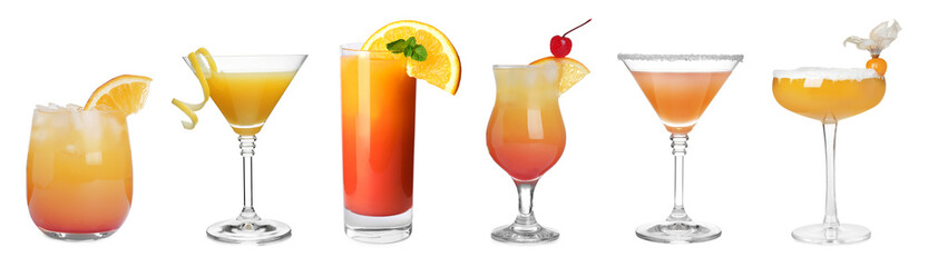 Many different cocktails in glasses isolated on white, collection
