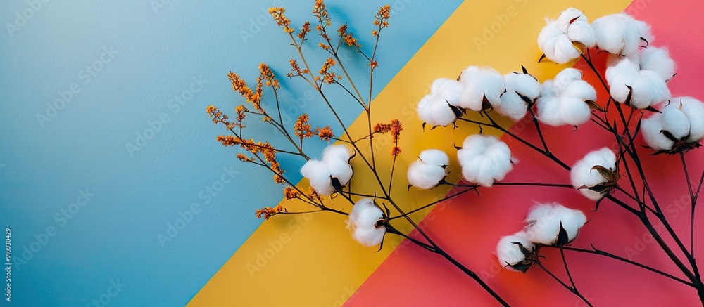 Poster top down view of a white fluffy cotton flower branch on a colorful surface with empty space for text