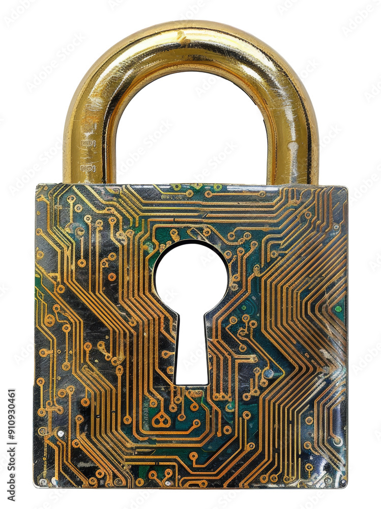 Poster gold padlock with circuit board design isolated on transparent background