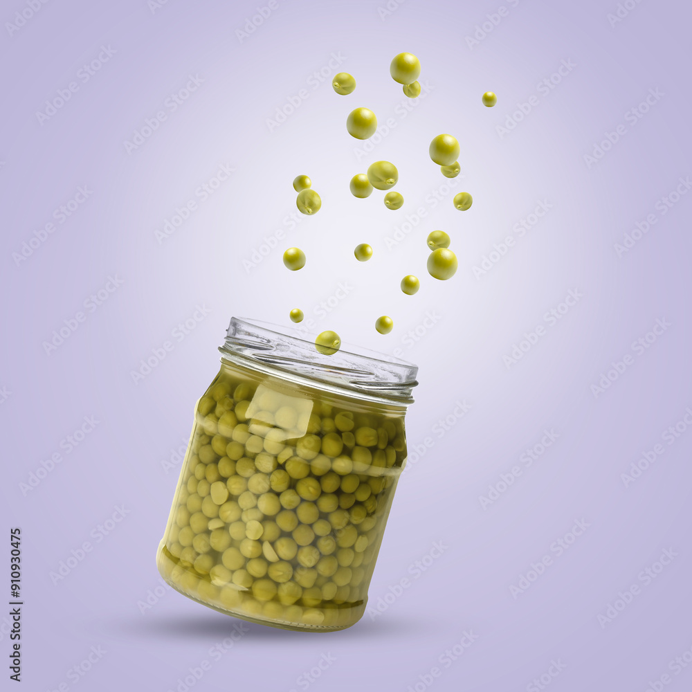 Wall mural Jar with pickled green peas in air on violet background