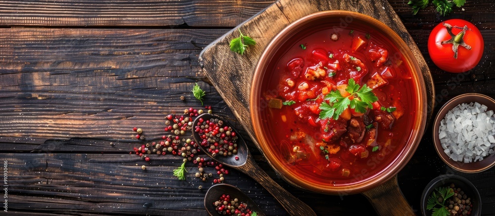 Aufkleber ukrainian cuisine featuring vibrant red borsch soup with meat pieces and spices on a dark wooden bac
