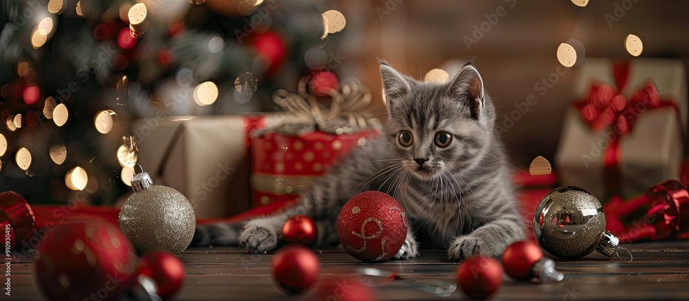 Poster A playful grey kitten with a curious nature interacts with Christmas decorations and toys in a charming setting ideal for a card featuring adorable pets with copy space image