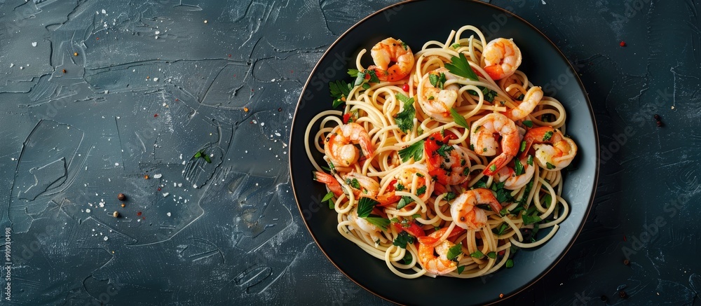 Poster Top view of a plate of spaghetti shrimp scampi against a dark background with ample copy space image available