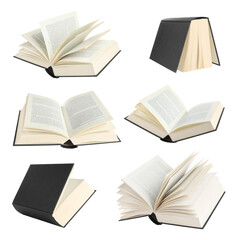 Book with dark grey hardcover on white background, collage