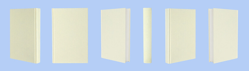 Book with beige hardcover on light blue background, collage