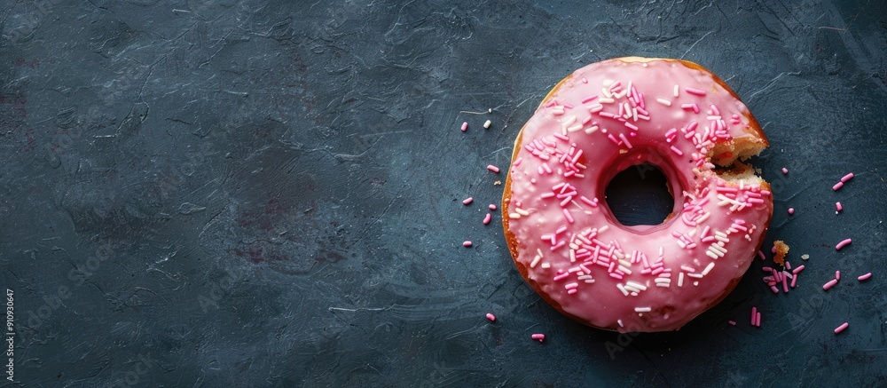 Poster Top view of a pink frosted donut with a bite taken out set against a dark backdrop highlighting ample copy space image