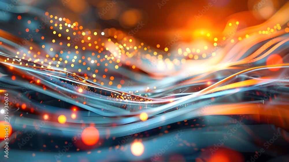 Poster abstract futuristic background with wavy lines and bokeh lights.