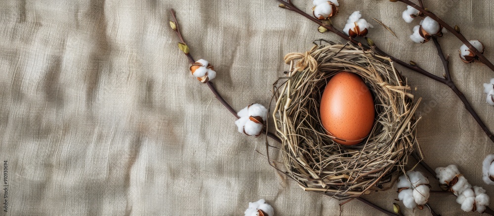 Fototapete top view of easter themed decoration featuring an egg nestled in a nest and cotton on a textured rus
