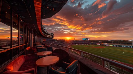 Dramatic sunset view from the VIP lounge of a high end stadium arena