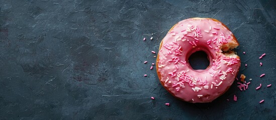 Top view of a pink frosted donut with a bite taken out set against a dark backdrop highlighting ample copy space image