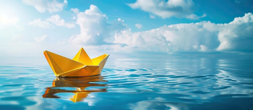 A yellow origami boat floats on the blue lake water heading towards big dreams symbolizing summer travel and freedom against a sky background with a copy space image