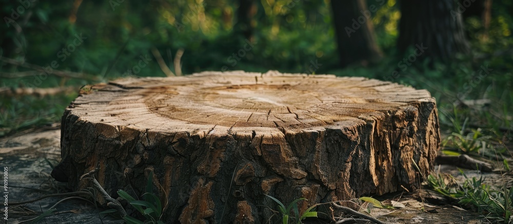 Poster a pine tree stump displaying growth rings cracks and offering space for a picture. creative banner. 