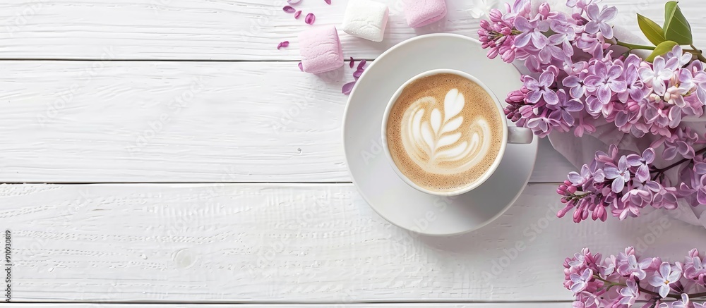 Aufkleber romantic morning vibes captured in a flat lay arrangement showcasing a lilac a latte art adorned cof