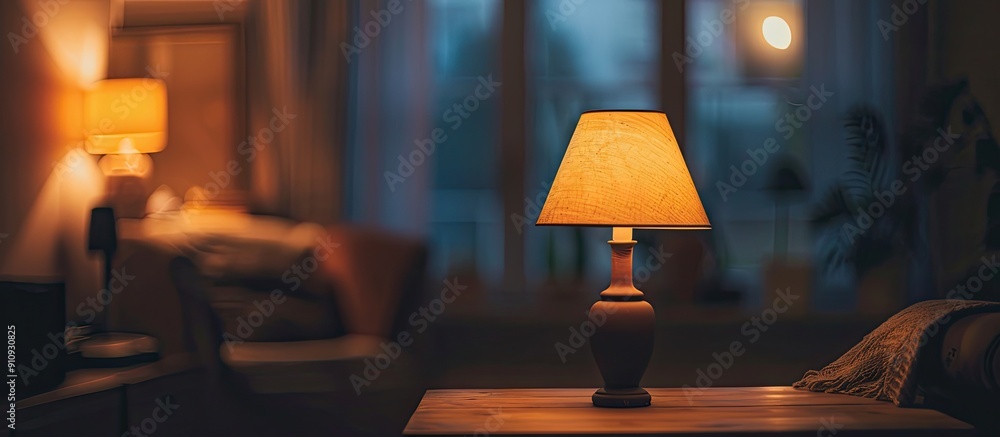 Aufkleber a lamp casts a soft glow on a table in a dimly lit room creating a cozy ambiance with copy space ima