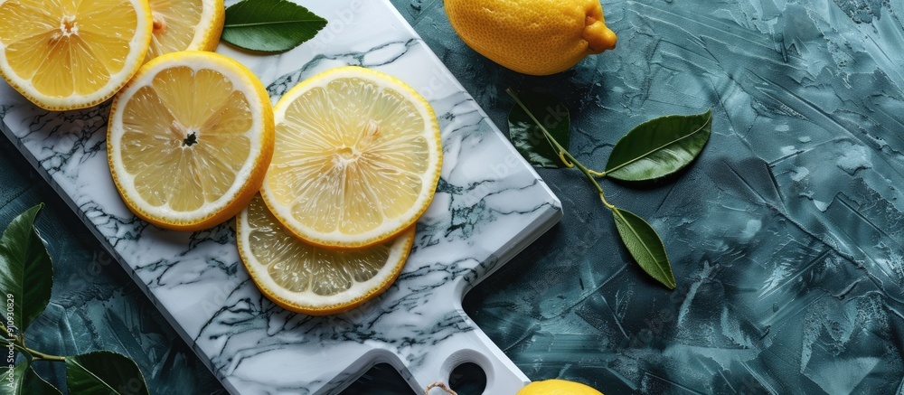 Poster marbled cutting board with lemon slices ample copy space image for text highlighting vitamin c benef