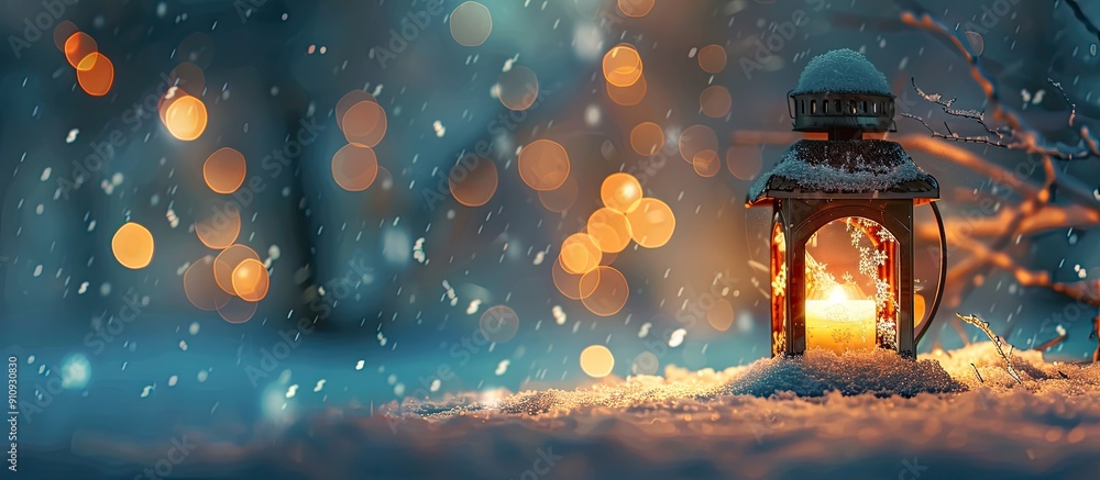 Poster lantern casting a warm glow against a snowy backdrop with copy space image
