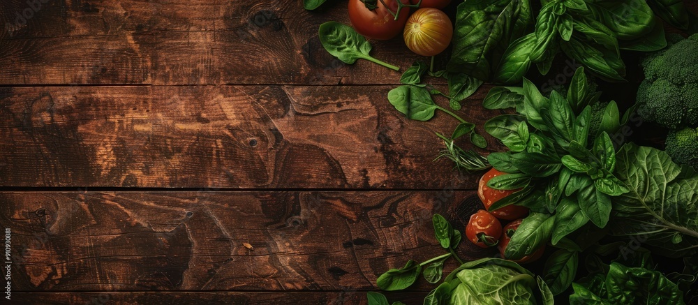 Aufkleber Fresh vegetables arranged on a rustic wooden surface with space for text overlay in the image. Creative banner. Copyspace image