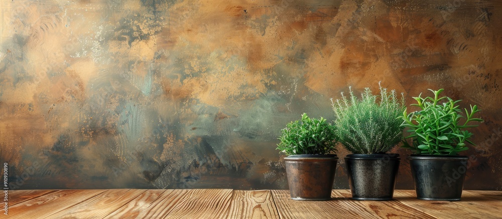 Poster potted plants displayed on a wooden surface with copy space image