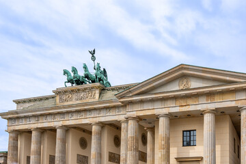 View of the chariot located on the Brandenburg Gate. Brandenburg Gate close-up.