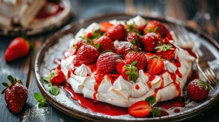 Meringue Cake Topped with Strawberries and Red Glaze