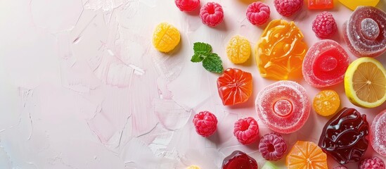 Sweet treats like jelly candies fill the copy space image