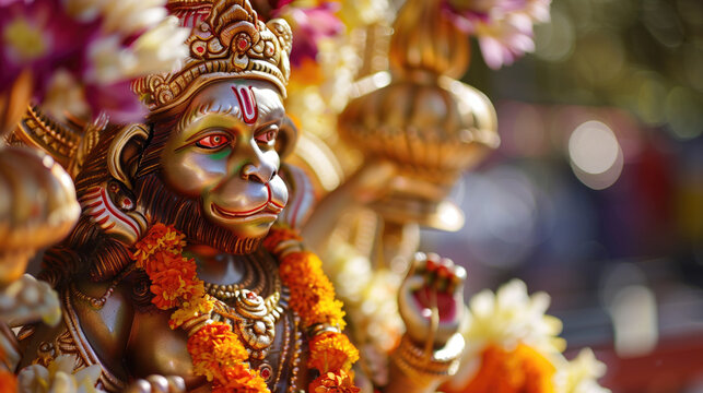 Detailed golden Hanuman statue adorned with flowers and intricate carvings in vibrant festival setting. Signifies devotion, spirituality, and Hindu religious traditions.