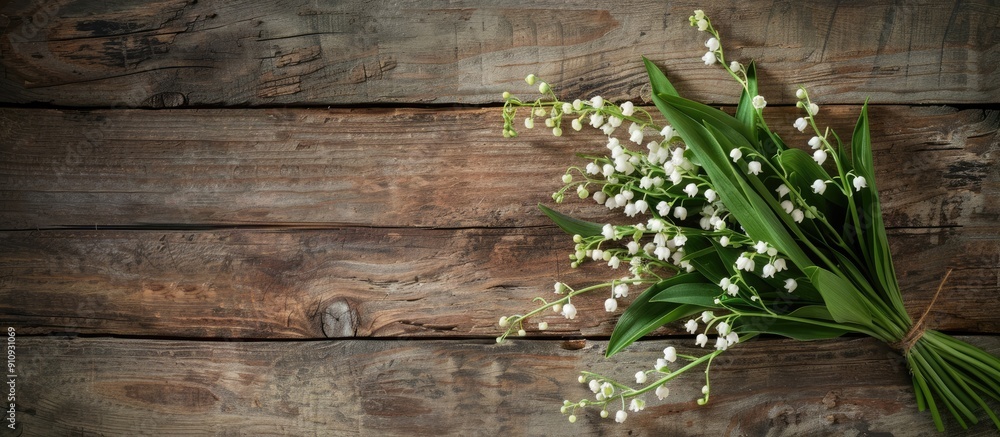 Poster lily of the valley bouquet on aged wooden table background with copy space image