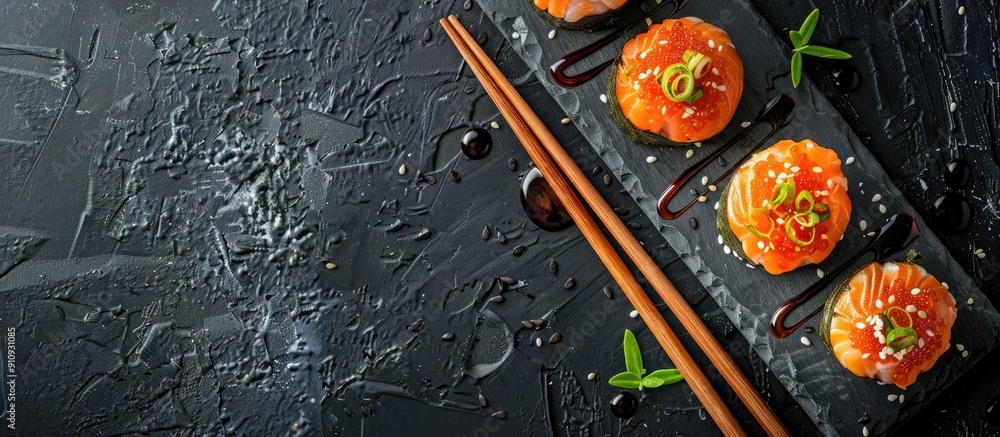 Poster top view of japanese crab meat mousse sushi with soy sauce on a stone board with chopsticks in a clo