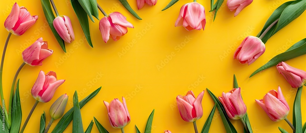 Poster top view of pink tulips set on a bright yellow backdrop with copy space image